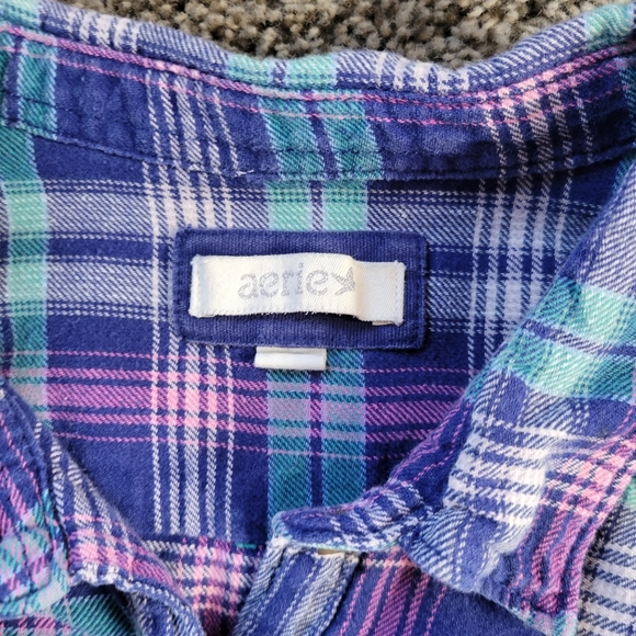 Aerie Blue Pink and Purple Plaid Flannel Button Down Shirt Woman's Medium - Picture 3 of 7